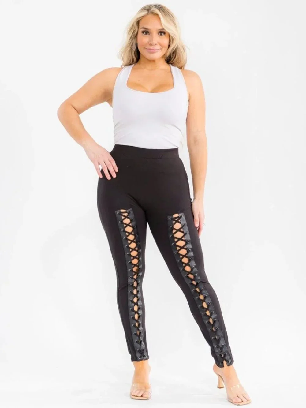 🖤 NWT Black Lace Up Corset Leggings Super Soft Stretchy 1XL 🖤 - Picture 3 of 3